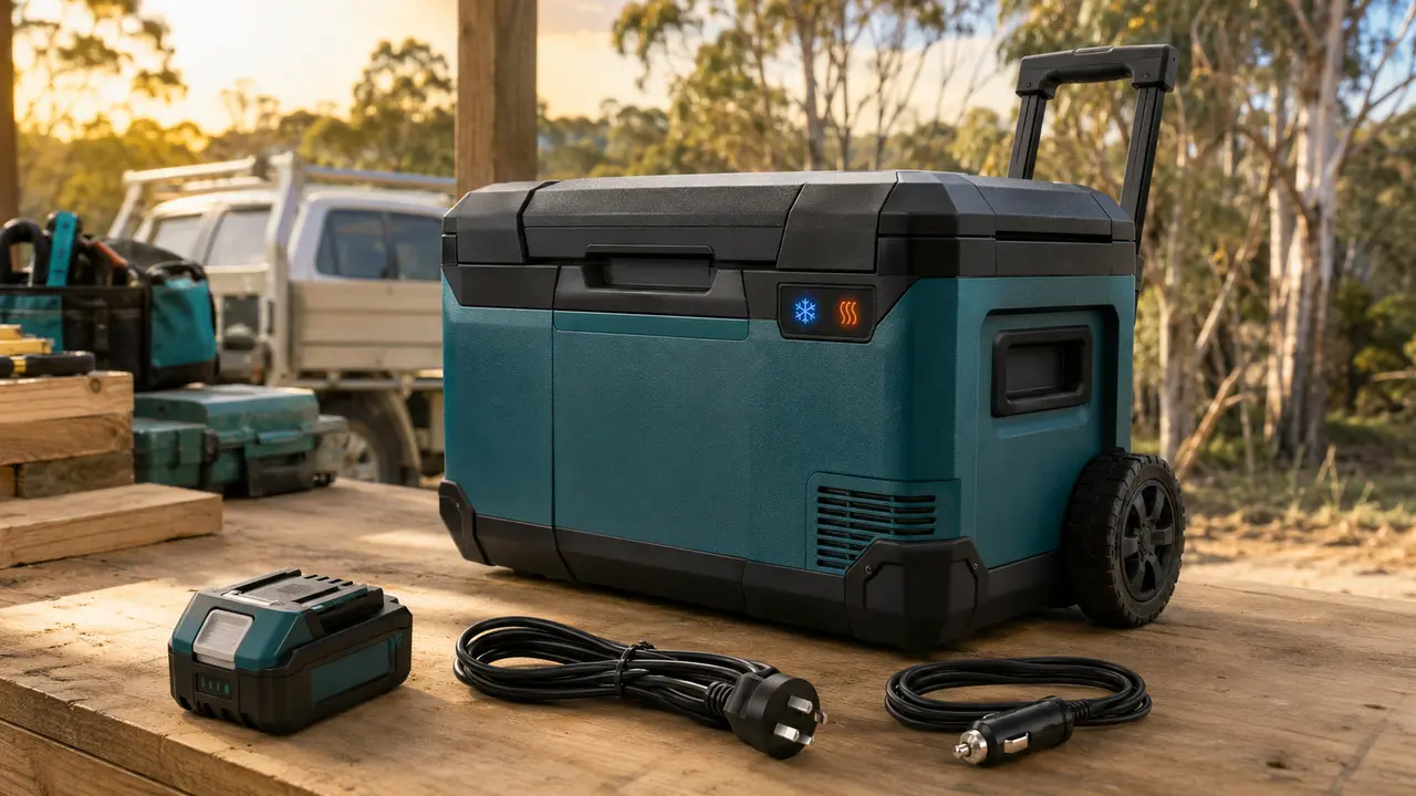Portable 20-litre cooler and warmer with 18V battery, Australian AC plug and vehicle power adapter