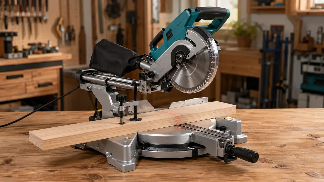 Illustration of a 216mm sliding compound mitre saw aligned to cut a clamped timber board