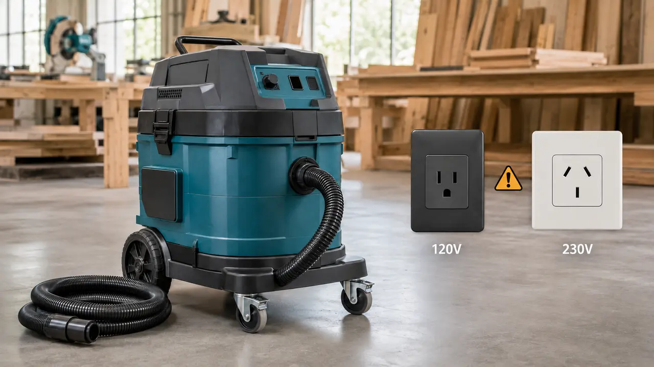 Illustration comparing the Makita VC4710 120V rating with Australian 230V power