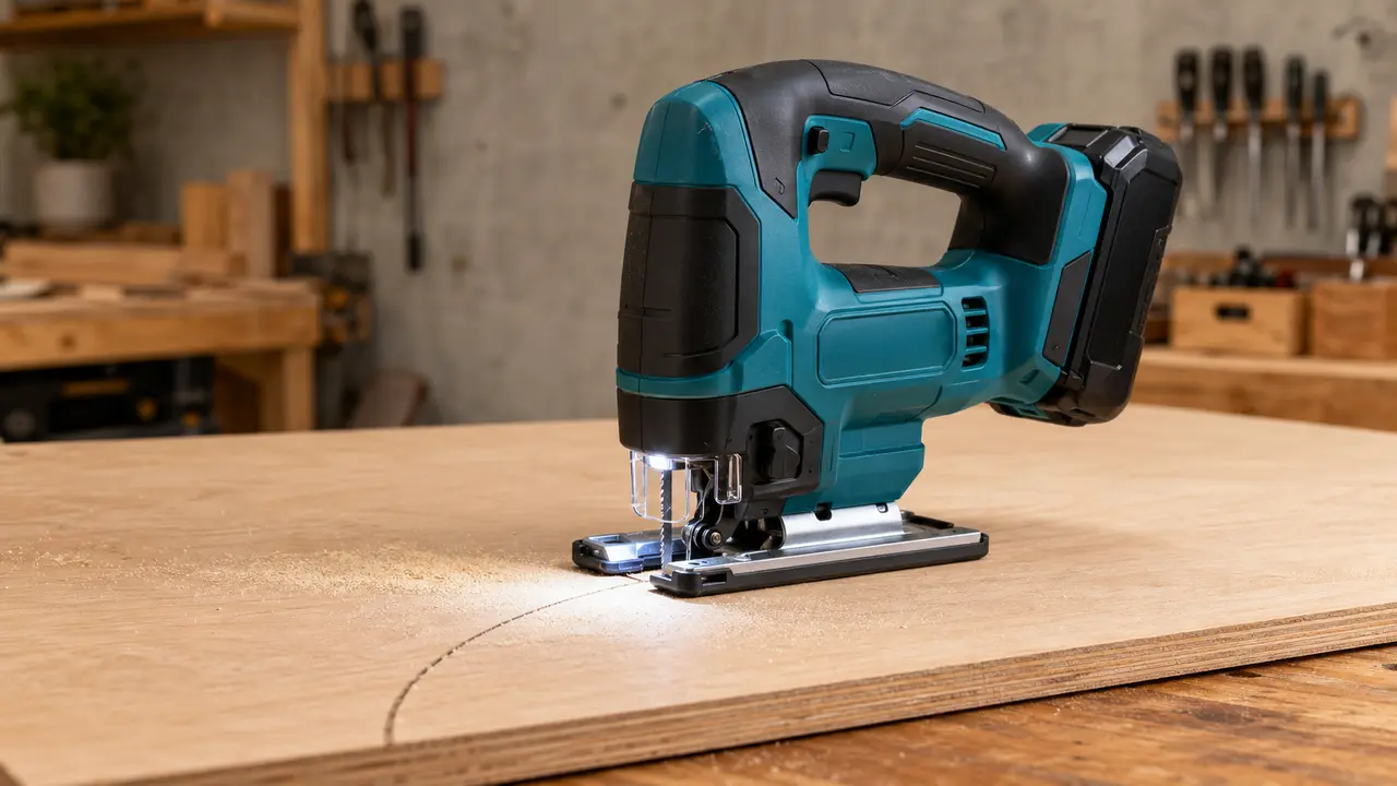 Illustration of an 18V cordless D-handle jigsaw following a curved cutting line in plywood