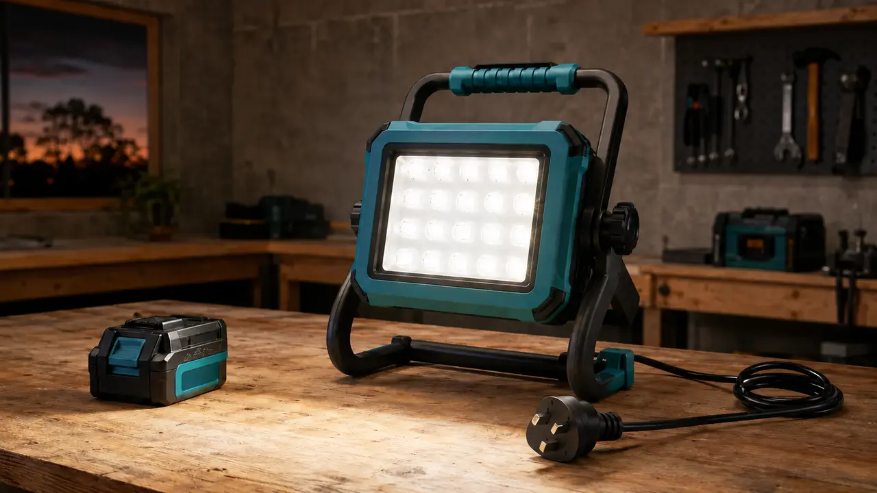 Illustration of a corded and cordless LED work light with an 18V battery and Australian plug